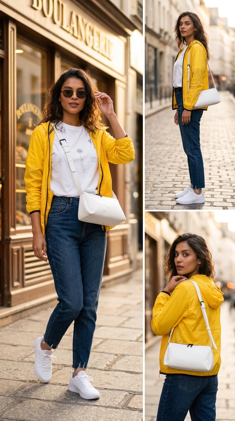 Комфортний образ для кав'ярні: сині джинси мом, біла футболка, жовта вітровка, білі кросівки. Як носити джинси мом.