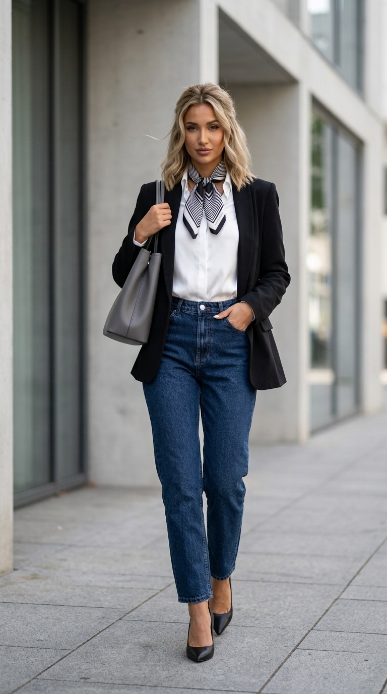Елегантний образ з темно-синіми джинсами мом: шовкова блуза, жакет, човники. Як носити джинси мом.