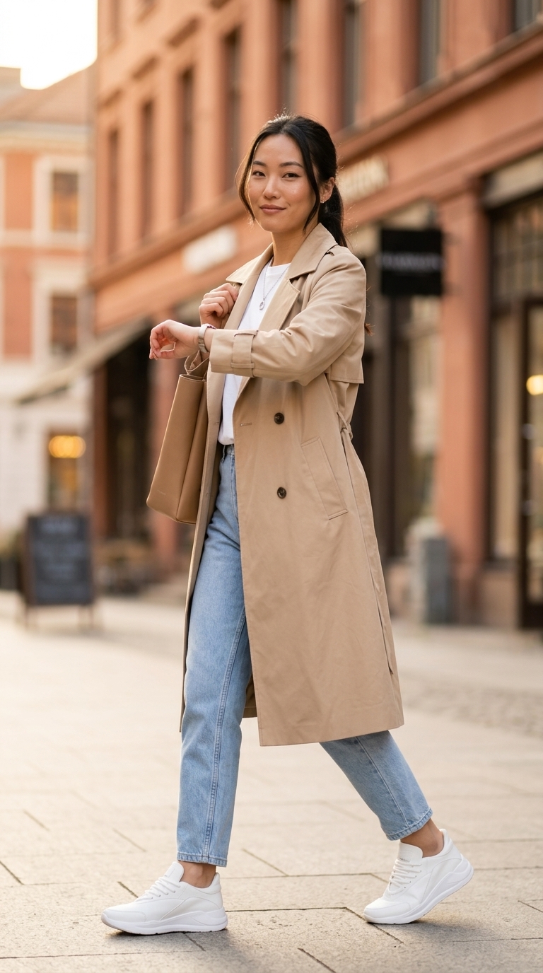 Міський шик з блакитними джинсами мом: біла футболка, бежевий тренч, шкіряний шопер. Як носити джинси мом.