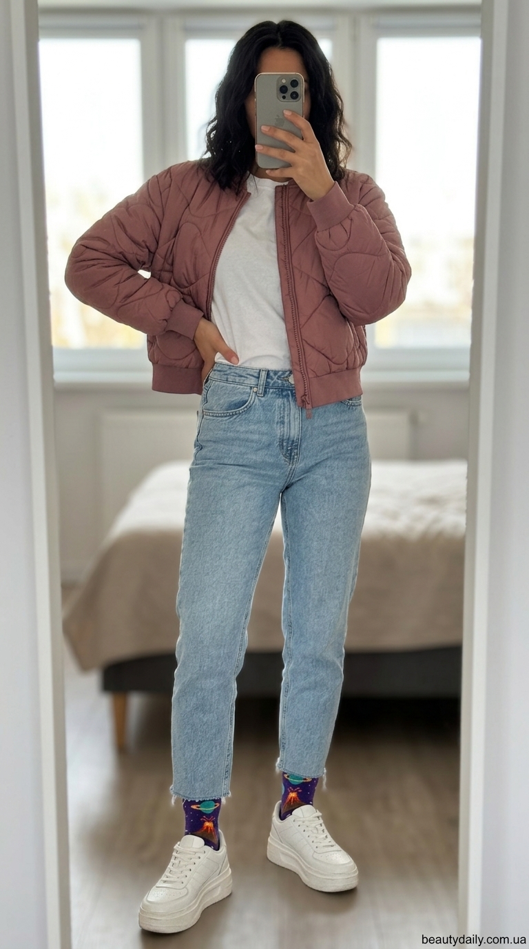 Весняний образ з джинсами мом: рожевий бомбер, біла футболка, білі кеди. Як носити джинси мом.